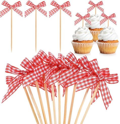 M METERXITY 60-Pack Bow Cupcake Toppers, Ribbon Bow Cake Toppers Plaid Bowknot Cupcake Picks Birthday Cake Decor for Bridal Shower/Wedding/Bachelorette Party/Birthday Decor [Red] in Kuwait