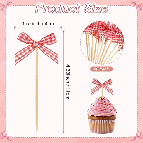M METERXITY 60-Pack Bow Cupcake Toppers, Ribbon Bow Cake Toppers Plaid Bowknot Cupcake Picks Birthday Cake Decor for Bridal Shower/Wedding/Bachelorette Party/Birthday Decor [Red] in Kuwait