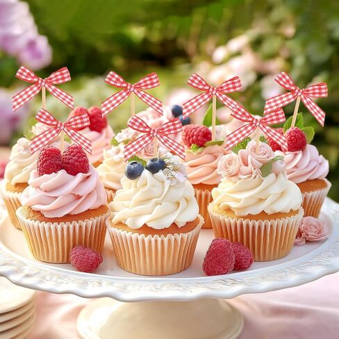 M METERXITY 60-Pack Bow Cupcake Toppers, Ribbon Bow Cake Toppers Plaid Bowknot Cupcake Picks Birthday Cake Decor for Bridal Shower/Wedding/Bachelorette Party/Birthday Decor [Red] in Kuwait