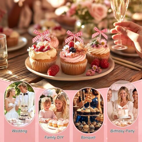 M METERXITY 60-Pack Bow Cupcake Toppers, Ribbon Bow Cake Toppers Plaid Bowknot Cupcake Picks Birthday Cake Decor for Bridal Shower/Wedding/Bachelorette Party/Birthday Decor [Red] in Kuwait