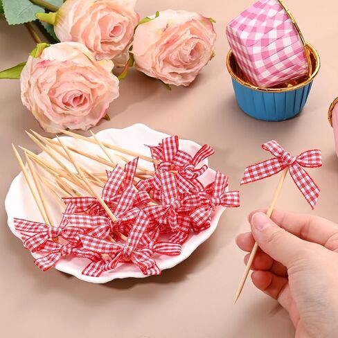 M METERXITY 60-Pack Bow Cupcake Toppers, Ribbon Bow Cake Toppers Plaid Bowknot Cupcake Picks Birthday Cake Decor for Bridal Shower/Wedding/Bachelorette Party/Birthday Decor [Red] in Kuwait