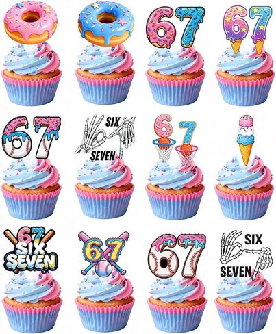 6 7 Birthday Decorations, 24Pcs Funny 67 Meme Theme Birthday Cake Toppers Six Seven Donut Ice Cream Baseball Party Supplies for Kids' Teens Adults 6 7 Cake Topper Party Supplies in Saudi Arabia