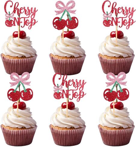 24 قطعة من أغطية الكب كيك من She's the Cherry on Top، أغطية كب كيك من الكرز الحلو اللامع، زينة كعكة الكرز لموضوع الفاكهة وحفلات الزفاف وحفلات أعياد الميلاد وحفلات الزفاف in Kuwait