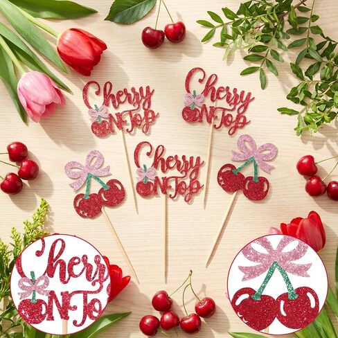 24 قطعة من أغطية الكب كيك من She's the Cherry on Top، أغطية كب كيك من الكرز الحلو اللامع، زينة كعكة الكرز لموضوع الفاكهة وحفلات الزفاف وحفلات أعياد الميلاد وحفلات الزفاف in Kuwait