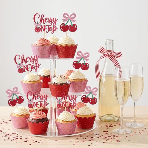 24 قطعة من أغطية الكب كيك من She's the Cherry on Top، أغطية كب كيك من الكرز الحلو اللامع، زينة كعكة الكرز لموضوع الفاكهة وحفلات الزفاف وحفلات أعياد الميلاد وحفلات الزفاف in Kuwait