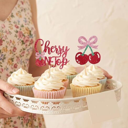 24 قطعة من أغطية الكب كيك من She's the Cherry on Top، أغطية كب كيك من الكرز الحلو اللامع، زينة كعكة الكرز لموضوع الفاكهة وحفلات الزفاف وحفلات أعياد الميلاد وحفلات الزفاف in Kuwait