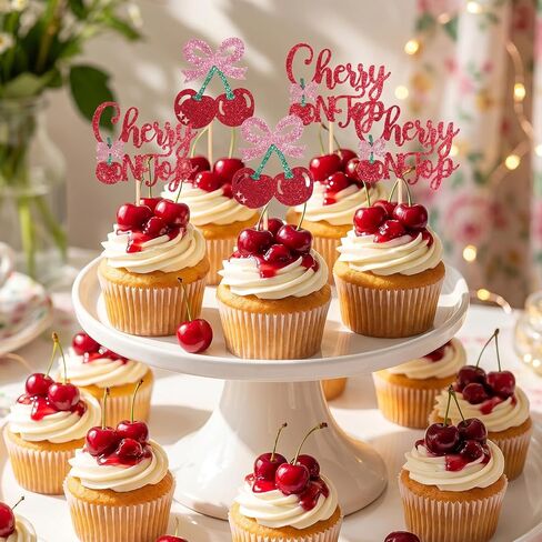 24 قطعة من أغطية الكب كيك من She's the Cherry on Top، أغطية كب كيك من الكرز الحلو اللامع، زينة كعكة الكرز لموضوع الفاكهة وحفلات الزفاف وحفلات أعياد الميلاد وحفلات الزفاف in Kuwait