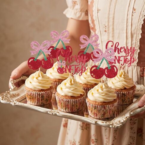 24 قطعة من أغطية الكب كيك من She's the Cherry on Top، أغطية كب كيك من الكرز الحلو اللامع، زينة كعكة الكرز لموضوع الفاكهة وحفلات الزفاف وحفلات أعياد الميلاد وحفلات الزفاف in Kuwait