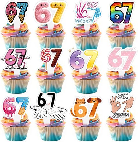 6 7 Birthday Decorations, 24Pcs Funny 67 Meme Theme Birthday Cake Toppers Six Seven Donut Ice Cream Baseball Party Supplies for Kids' Teens Adults 6 7 Cake Topper Party Supplies in Kuwait