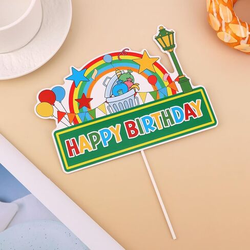 Red Brick Wall Themed Happy Birthday Cake Topper, Funny DIY Cartoon Theme Cupcake Decoration with Balloon Rainbow Trash Can Streetlights Patterns for Birthday Party Decor Celebration Supply in Saudi Arabia