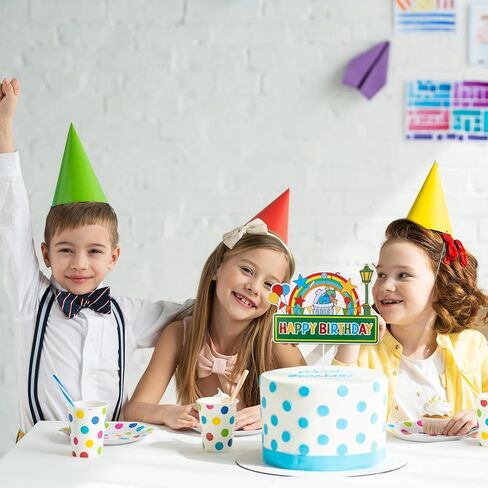 Red Brick Wall Themed Happy Birthday Cake Topper, Funny DIY Cartoon Theme Cupcake Decoration with Balloon Rainbow Trash Can Streetlights Patterns for Birthday Party Decor Celebration Supply in Saudi Arabia