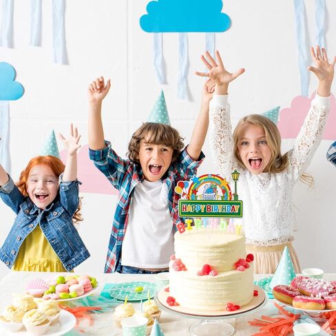 Red Brick Wall Themed Happy Birthday Cake Topper, Funny DIY Cartoon Theme Cupcake Decoration with Balloon Rainbow Trash Can Streetlights Patterns for Birthday Party Decor Celebration Supply in Saudi Arabia