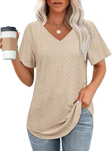 Womens T Shirts V Neck Short Sleeve Casual Tops Loose Fit Basic Tees with Curved Hem in Saudi Arabia
