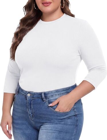 COOTRY Womens Plus Size Tops 3/4 Sleeve Shirts Crew Neck Casual Slim Fit Basic Blouses Tee 2026 Fall Outfits in Saudi Arabia