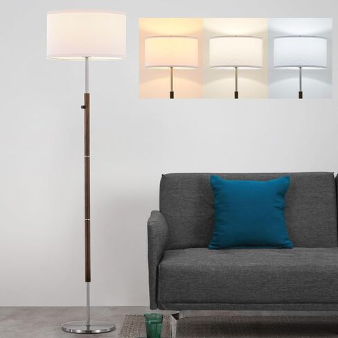 ELYONA Dimmable Floor Lamp Walnut Wood Grain & Brushed Nickel Standing Lamp Mid Century Modern Coner Pole Lamp with White Fabric Shade & Rotary Switch for Living Room Bedroom Office,LED Bulb Included in Saudi Arabia