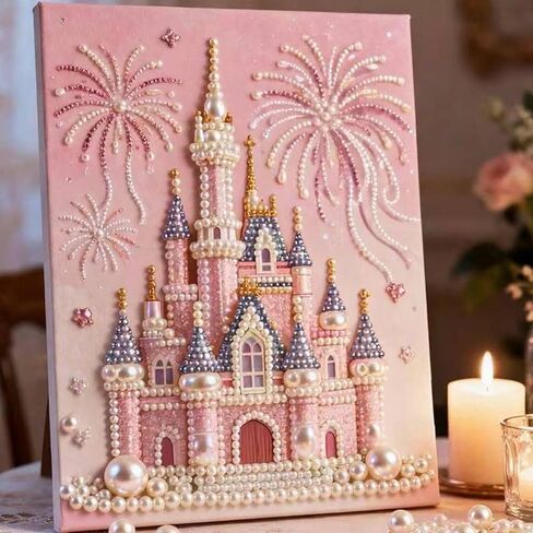 مجموعة طلاء اللؤلؤ ثلاثية الأبعاد DIY، تصميم القلعة مع الألعاب النارية، حرفة فنية من اللؤلؤ البلاستيكي للبالغين والمبتدئين، ديكور جدار المنزل in Kuwait
