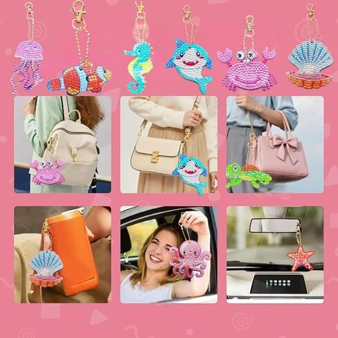Roaqua 9 حزم المحيط الماس الفن اللوحة سلاسل المفاتيح مزدوجة من جانب 5D مجموعات DIY، مخلوق البحر شنقا زخرفة الكريستال قلادة الماس الفن الملحقات in Kuwait