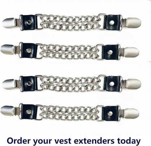 4-Piece Universal Clip on Leather Motorcycle Vest Extenders - Heavy Duty Double Chrome Chains- Adjustable Fit for Vests & Jackets with Snap in Saudi Arabia