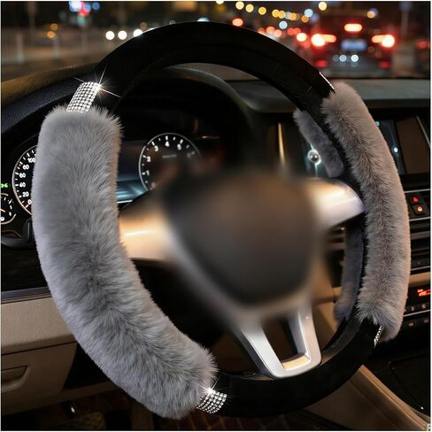 Rhinestone Fluffy Steering Wheel Cover, Anti-Slip Diamond Faux Wool Car Steering Wheel Protector, Bling Soft Plush Protective Cover for 14.5" to 15" Steering Wheels (Pink) in Saudi Arabia