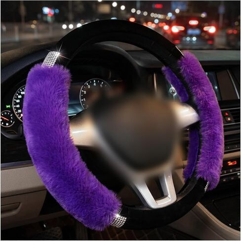 Rhinestone Fluffy Steering Wheel Cover, Anti-Slip Diamond Faux Wool Car Steering Wheel Protector, Bling Soft Plush Protective Cover for 14.5" to 15" Steering Wheels (Pink) in Saudi Arabia