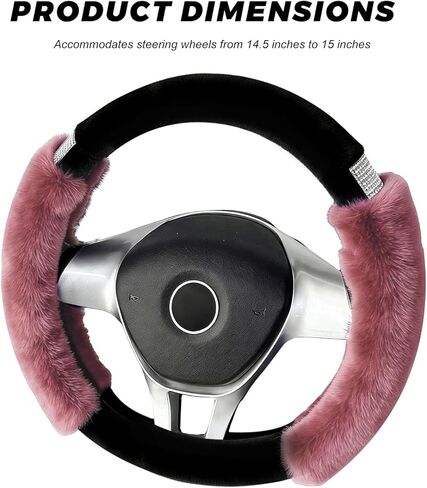 Rhinestone Fluffy Steering Wheel Cover, Anti-Slip Diamond Faux Wool Car Steering Wheel Protector, Bling Soft Plush Protective Cover for 14.5" to 15" Steering Wheels (Pink) in Saudi Arabia