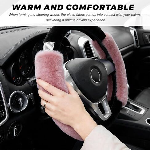 Rhinestone Fluffy Steering Wheel Cover, Anti-Slip Diamond Faux Wool Car Steering Wheel Protector, Bling Soft Plush Protective Cover for 14.5" to 15" Steering Wheels (Pink) in Saudi Arabia
