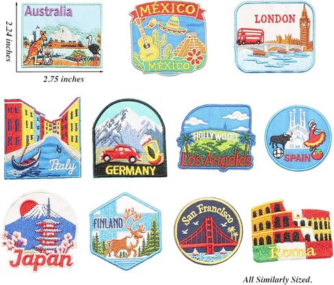 11PCS World Travel Embroidery Patches Iron On Applique Set Landmark Inspired Designs for Jackets Backpacks Hats DIY Clothing in Kuwait