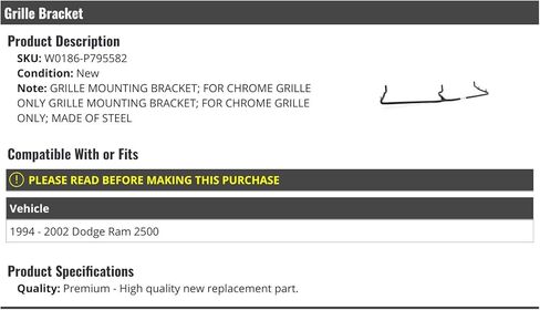 Grille Mounting Bracket - with Chrome Grille - Compatible with 1994-2002 Dodge Ram 2500 in Kuwait