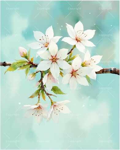 Botanical Painting Paint by Numbers Kit for Adults - DIY White Cherry Blossom Branch on Teal Background Painting on Canvas 16x20 Inches,Acrylic Paint Set,Suitable for Beginners,Art for Decor in Kuwait
