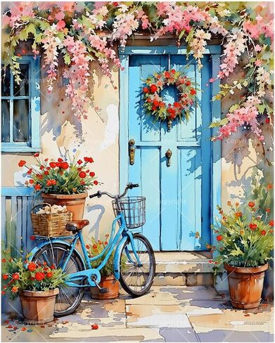 Vintage Bicycle Paint by Numbers Kit for Adults - DIY Blue Bike with Wreath Door and Pink Flowers Painting Rolled on Canvas 16x20 Inches, Acrylic Paint Set for Beginners, Art for Home Wall or Gifts in Kuwait