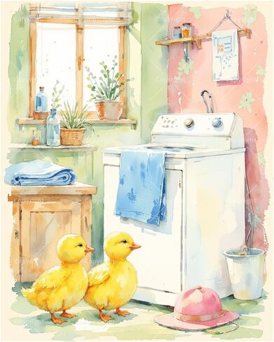 TAOPAOLAB Washing Machine Paint by Numbers Kit for Adults - DIY Ducklings Standing in Laundry Room Painting on Canvas 8x12n, Framed Acrylic Paint Set for Beginners, Art for Decoration/Gifts in Kuwait
