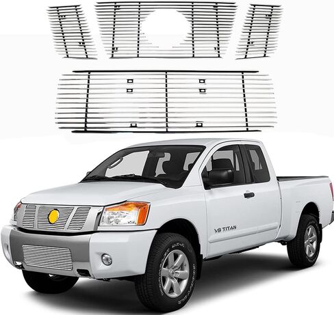 Front Grill Inserts for Nissan Titan 2008-2015 Chrome Aluminum Billet Grille Combo Upper Lower 4pcs 2009 2010 2011 2012 2013 2014 in Saudi Arabia