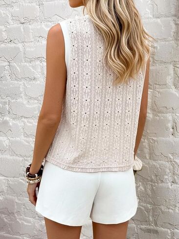 Women's Eyelet Embroidery Tank Top Summer Crew Neck Sleeveless Tops Beach Vacation Clothes in Saudi Arabia