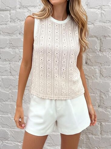 Women's Eyelet Embroidery Tank Top Summer Crew Neck Sleeveless Tops Beach Vacation Clothes in Saudi Arabia