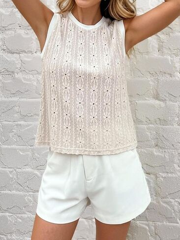 Women's Eyelet Embroidery Tank Top Summer Crew Neck Sleeveless Tops Beach Vacation Clothes in Saudi Arabia