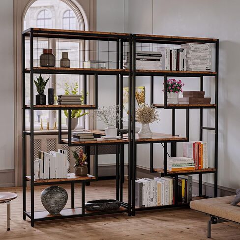 IRONCK Bookshelves 6 Tiers, Industrial Etagere Heavy Duty Shelves for Living Rooom, Office Storage Geomeric Display Boocase, Vintage Brown in Kuwait