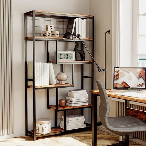 IRONCK Bookshelves 6 Tiers, Industrial Etagere Heavy Duty Shelves for Living Rooom, Office Storage Geomeric Display Boocase, Vintage Brown in Kuwait