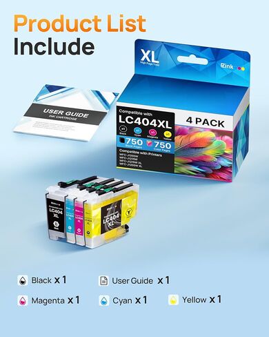 E-Z Ink LC404 MFC-J1205W Replacement for LC404 Ink Cartridges for Brother Printer 404XL LC 404 XL use for MFC-J1205W MFC-J1215W J1205WXL J1215W XL Printer (Black, Cyan, Magenta, Yellow, 4 Pack) in Kuwait