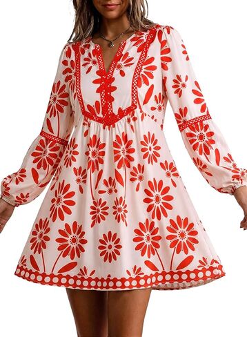 Dokotoo Boho Dresses for Women 2026 Floral V Neck Long Sleeve Embroidered Lace Beach Vacation Mini Dress in Saudi Arabia