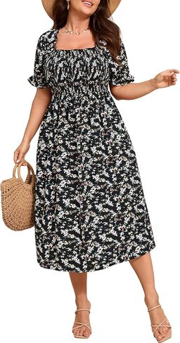 Women's Plus Size Floral Midi Dress Square Neck Smocked Puff Sleeve Casual Boho Dress in Saudi Arabia