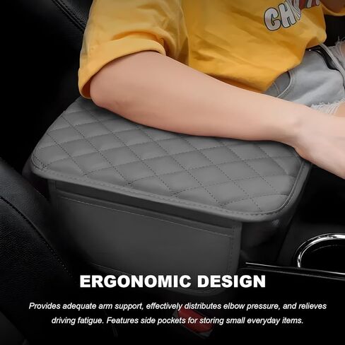 Car Center Console Cover, Wear Resistant Anti-Slip Auto Armrest Cover Cushion with 2 Storage Bags, Universal Leather Arm Rest Box Protector Interior Accessories for Most Vehicles (Gray) in Saudi Arabia