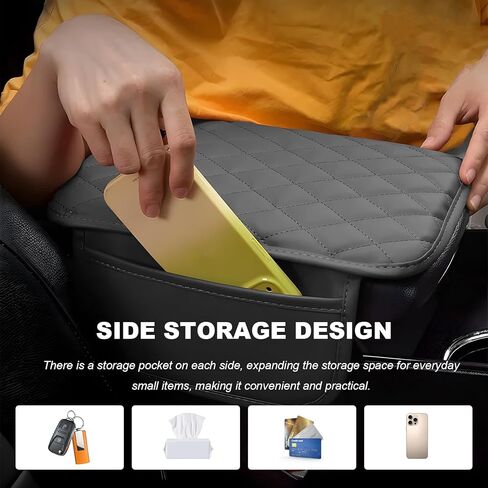 Car Center Console Cover, Wear Resistant Anti-Slip Auto Armrest Cover Cushion with 2 Storage Bags, Universal Leather Arm Rest Box Protector Interior Accessories for Most Vehicles (Gray) in Saudi Arabia