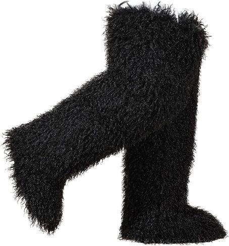 Women's fur knee-high boots, Y2K over-the-knee fur boots, fluffy flat fur boots, height 28in in Saudi Arabia