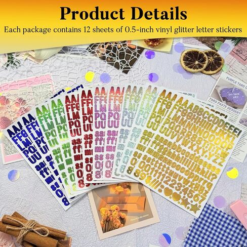 1860 Pcs Glitter Multicolor Vinyl Letter Number Stickers, 12 Sheets 1/2 Inch Self-Adhesive Sparkle Stickers for Scrapbook,Greeting Card, Identification, Water Bottles & DIY Crafts in Saudi Arabia