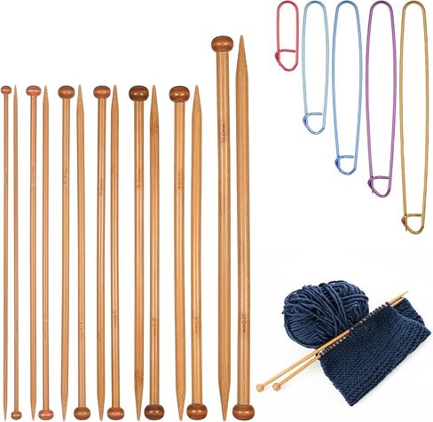 7 Pairs Bamboo Knitting Needles Set, 4-10mm Long Wooden Knitting Needles for Beginners, Single Point Straight Wood Needles for Sweaters Socks Shawl Gloves Scarf in Kuwait