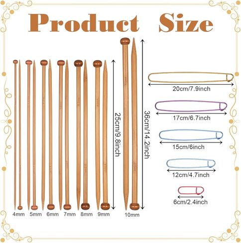 7 Pairs Bamboo Knitting Needles Set, 4-10mm Long Wooden Knitting Needles for Beginners, Single Point Straight Wood Needles for Sweaters Socks Shawl Gloves Scarf in Kuwait