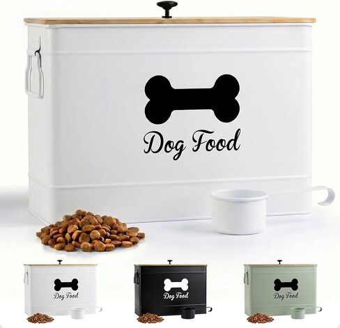 Dog Food Container 15-20 lb - Airtight Dog Food Storage Container 20 lb with Bamboo Lid - Metal Dog Food Storage Container Cute - Dog Food Bin White - Dog Food Holder - Metal Pet Food Container 20 lb in Saudi Arabia