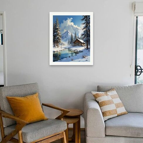 مجموعة طلاء المناظر الطبيعية بالأرقام للبالغين - كابينة DIY في غابة ثلجية مع رسم نهر على القماش مقاس 16 × 20 بوصة، مجموعة طلاء أكريليك، مناسبة للمبتدئين، فن لتزيين المنزل أو الهدايا in Kuwait