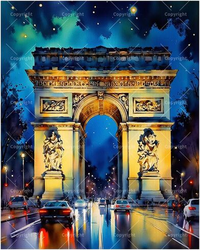 Paris Landmark Paint by Numbers Kit for Adults - DIY Arc De Triomphe Night Drive Painting on Canvas, Acrylic Paint Set, Suitable for Beginners, Art for Home Decoration or Gifts(12X16IN Framed) in Kuwait