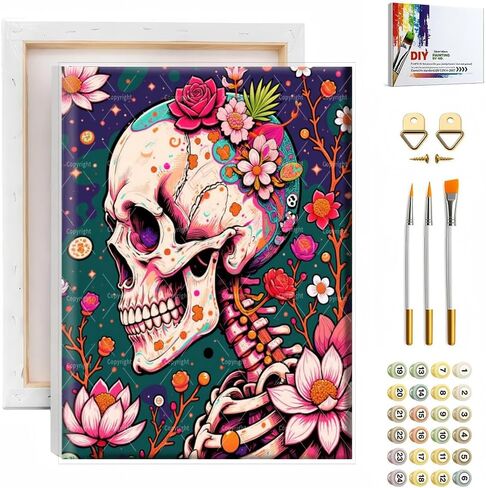 Skull Floral Paint By Numbers Kit For Adults - Diy Skull With Flowers Painting On Canvas 16X20 In, Acrylic Paint Set, Suitable For Beginners, Wall Decor Art For Home Decoration Or Gifts, Unframed in Saudi Arabia